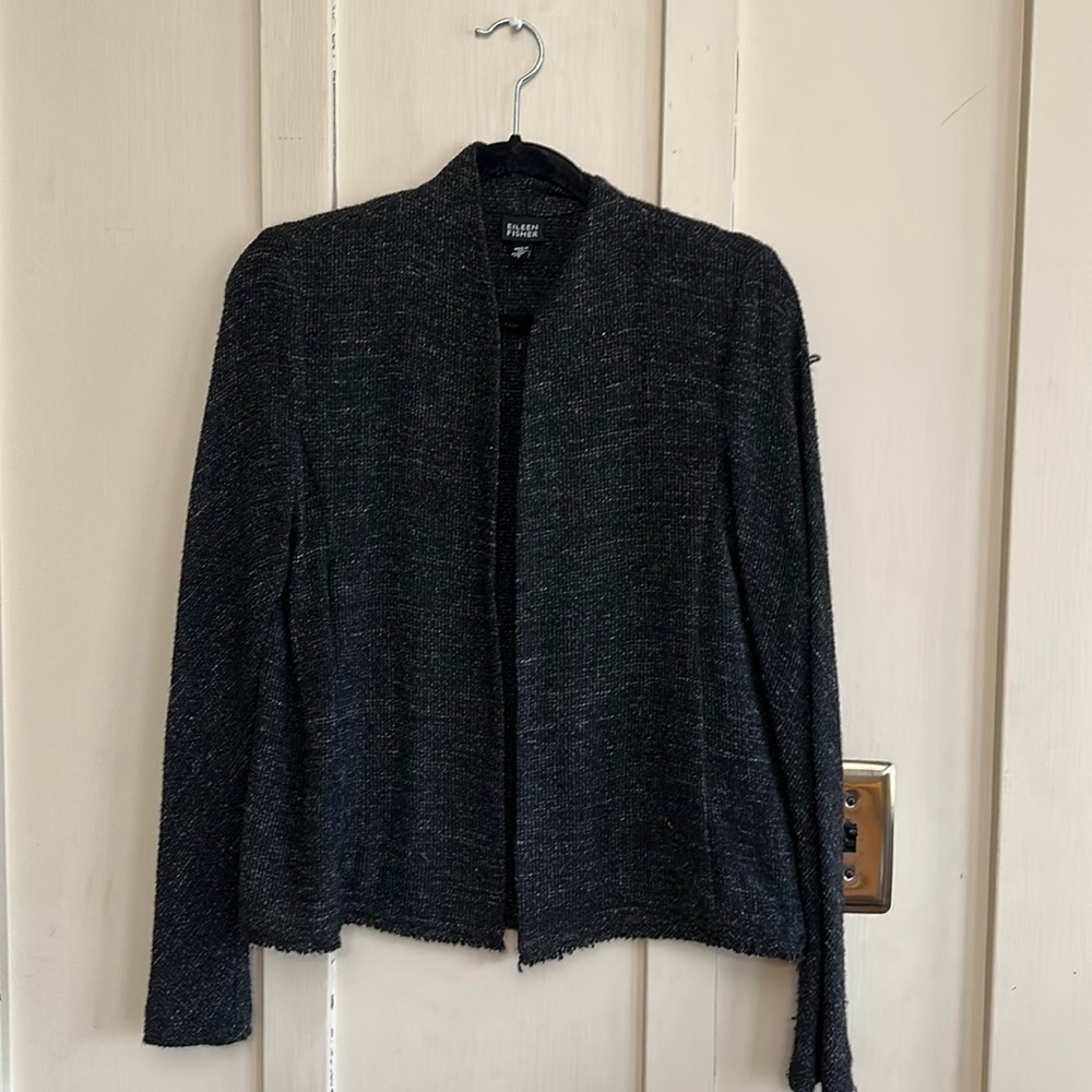Eileen Fisher gray/black open cardigan in a linen type material